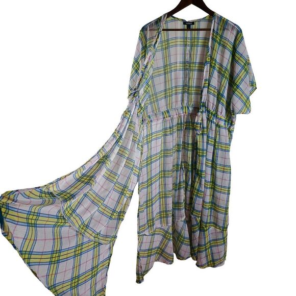 Torrid Plus Sz 1 Tie-Waist Plaid Duster Kimono Yellow Blue Pink Midi Cover-Up - Picture 9 of 13